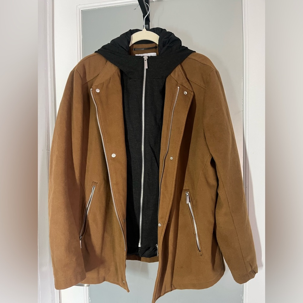 Zara Men's Tan Jacket with Dark Grey Hoodie